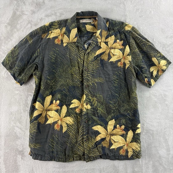 Tommy Bahama Floral Hawaiian Shirt Mens Size Large Yellow Green Linen - Picture 1 of 6